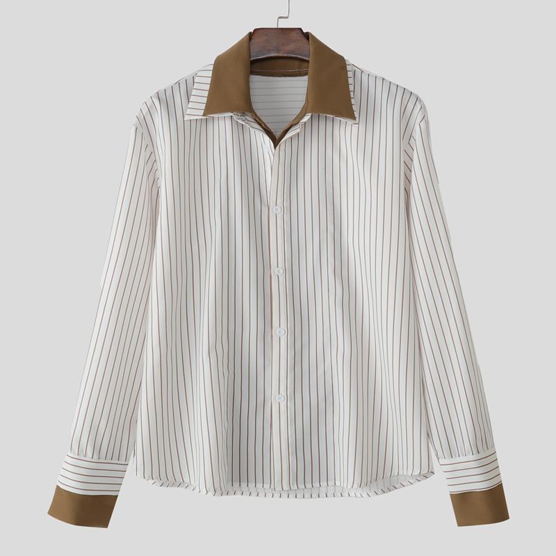 INCERUN Men's Lapel Long Sleeve Fake Two-piece Striped Print Button Up Shirts Tops