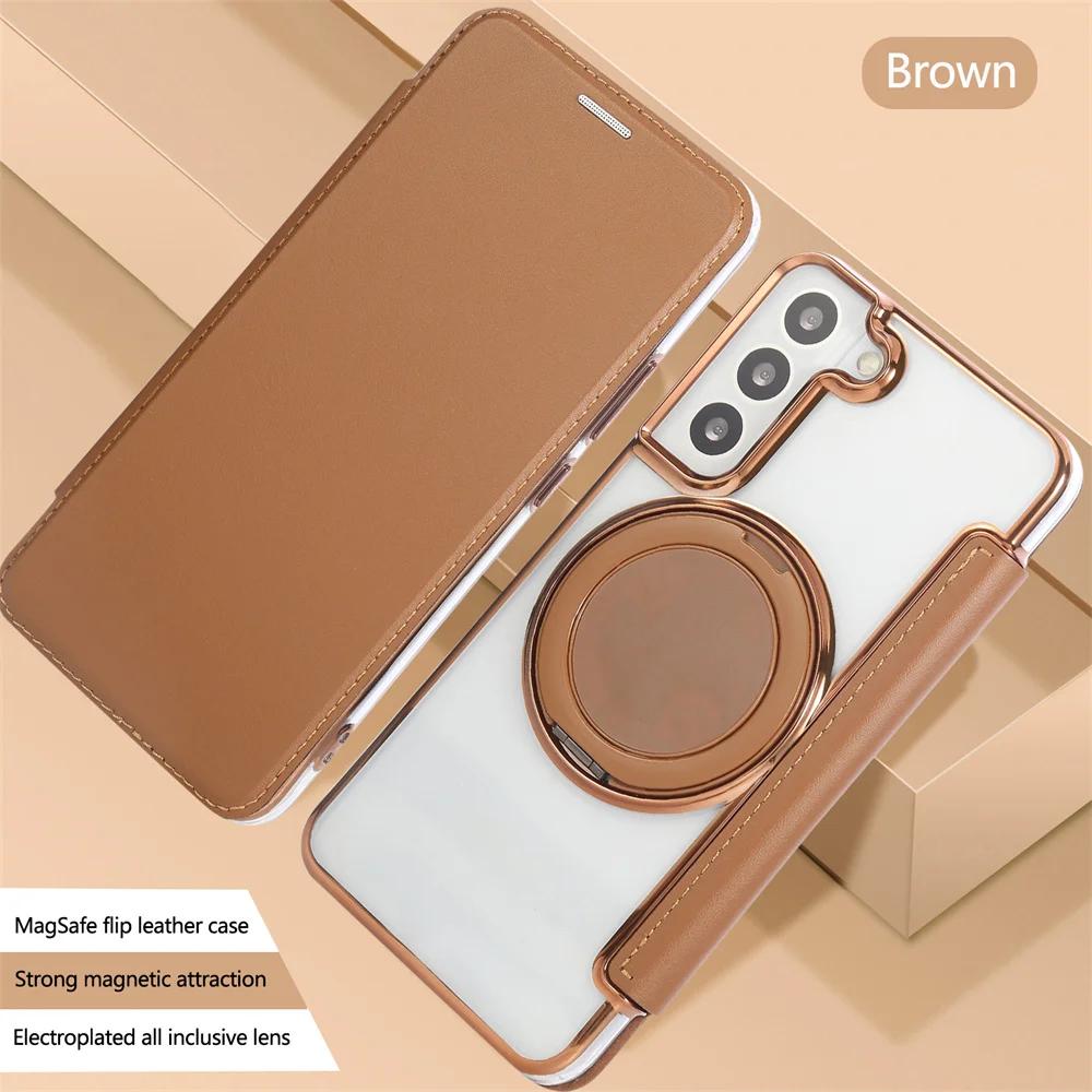 Rotating Stand Magnetic Phone Case for Samsung S26 S25 S24 S23 Ultra S22 Plus Leather Slot Card Wallet Magsafe Transparent Cover