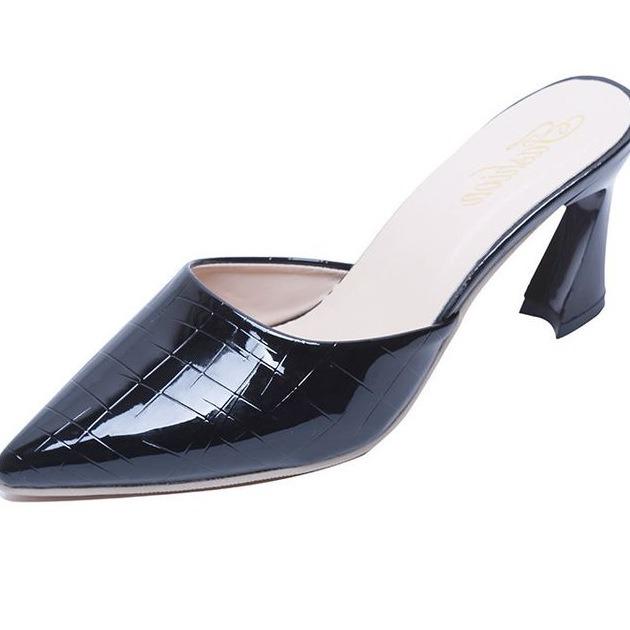 Plus Size Pointed Toe Leather Heels - Shallow Mouth, Thin Heel, Solid Color, Lazy Shoes (Size 42)