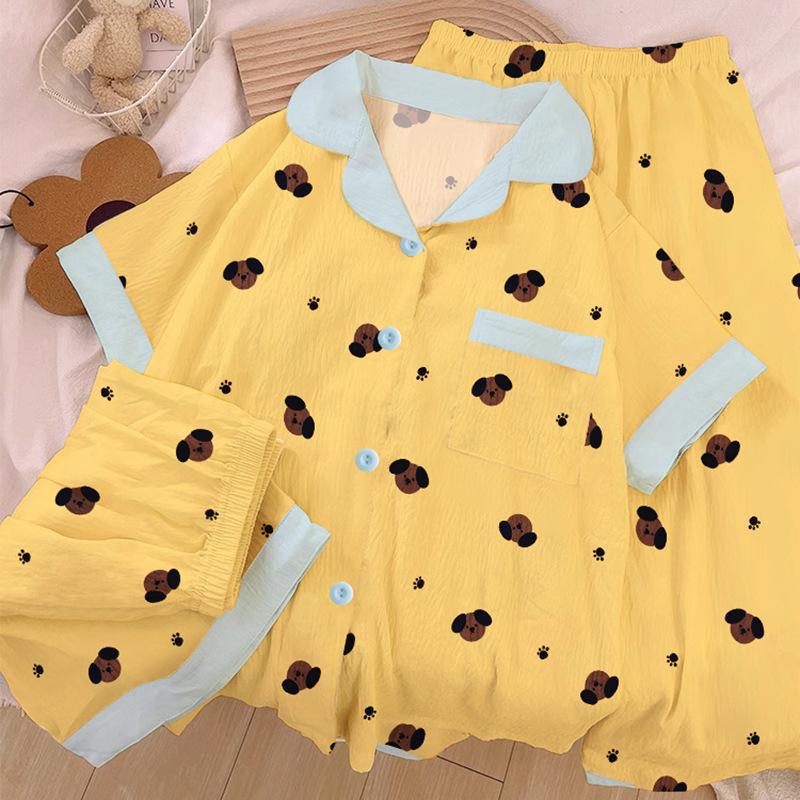 

Cloud Cotton Pajamas Women S Summer Thin Milk Yellow Contrasting Color Cartoon Puppy Short-Sleeved Girl Loungewear Three-Piece Set 2XL