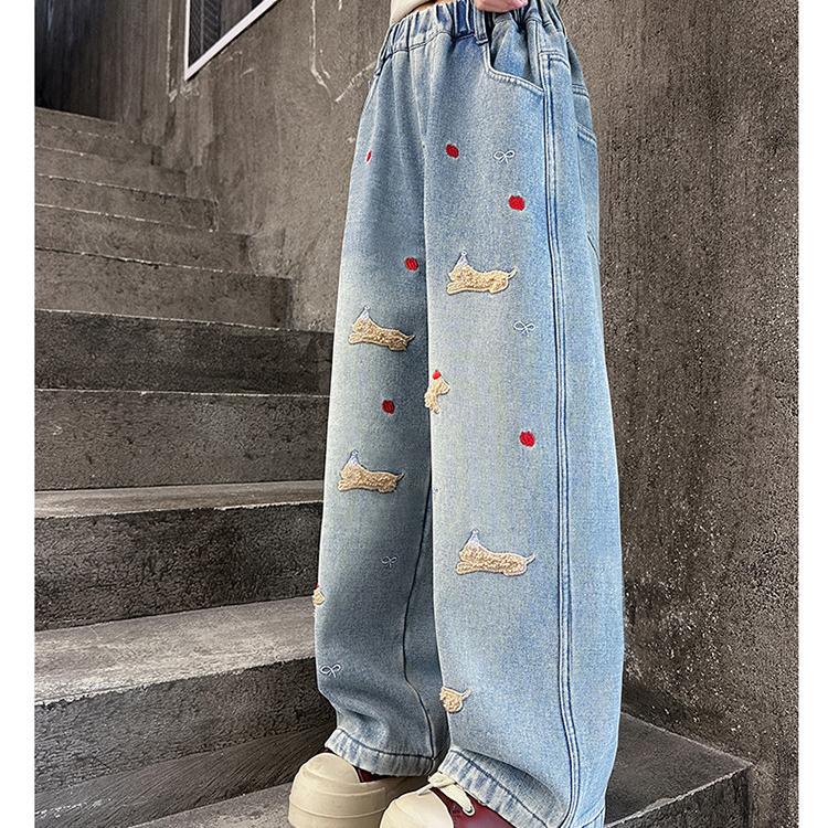 Girls' Straight Leg Pants Cartoon Towel Embroidered Jeans Children's Spring and Autumn Wide Leg Pants
