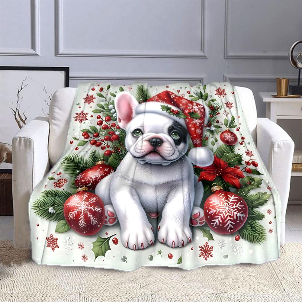 French Bulldog in Christmas Hat Patterned flannel blanket perfect for the bedroom living room, sofa, or a little nap