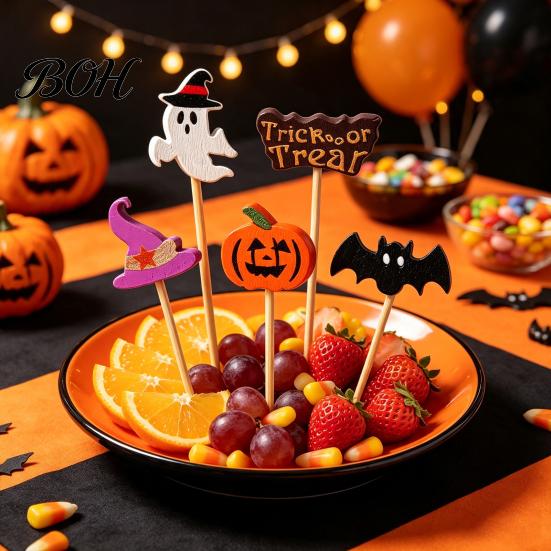 Holiday Table Decorations 100PCS Halloween Bamboo Toothpicks, Cute Tree Shaped Disposable Skewers, Cupcake Toppers Decorative Dessert for Appetizers