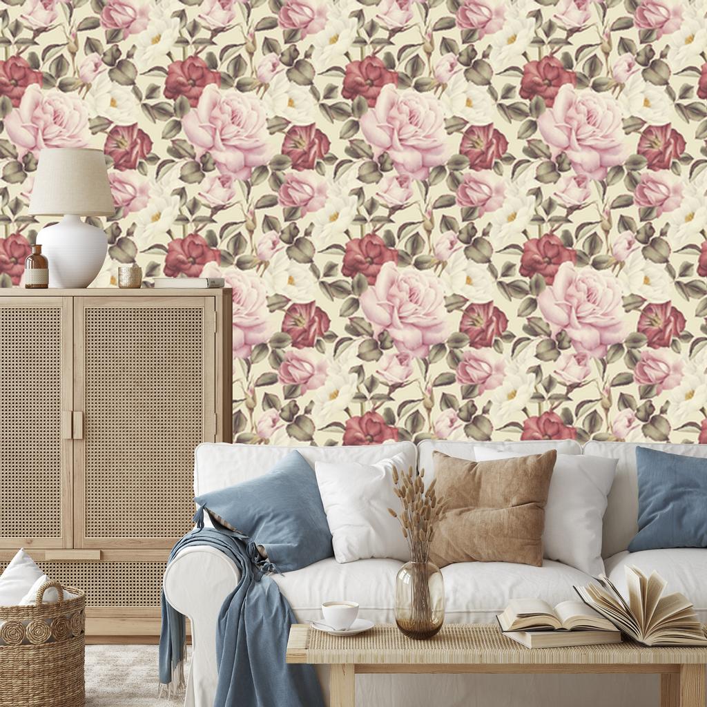Wallpaper Beautiful Flowers and Roses in Watercolor Style 50x1000