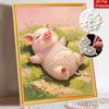 Sparkling Pearl Painting on Stretched Frame Cute Pig Lying on Grass DIY Bead Art Canvas Relaxing Hobby Gift for Craft Lovers Unique Wall Decor