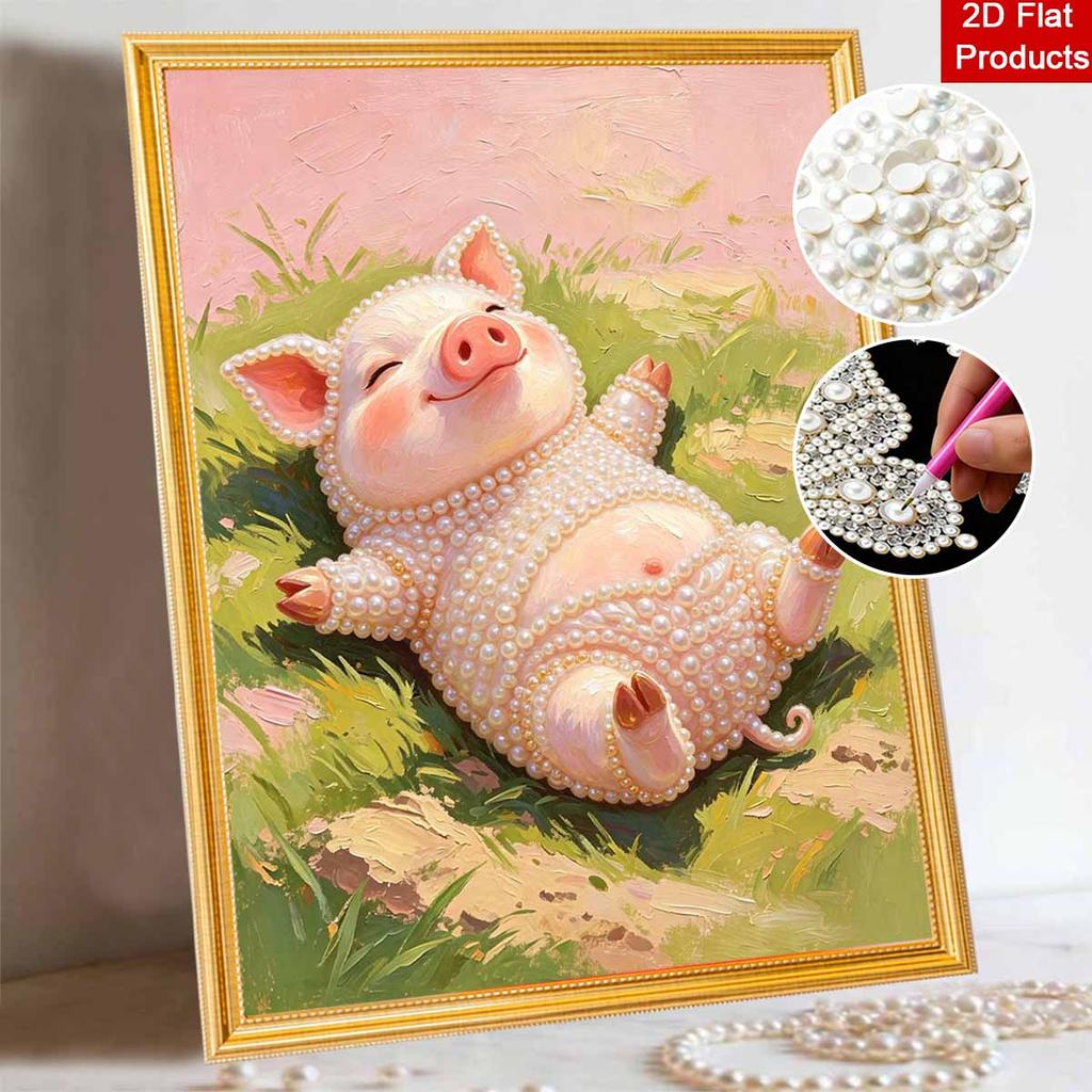 Sparkling Pearl Painting on Stretched Frame Cute Pig Lying on Grass DIY Bead Art Canvas Relaxing Hobby Gift for Craft Lovers Unique Wall Decor