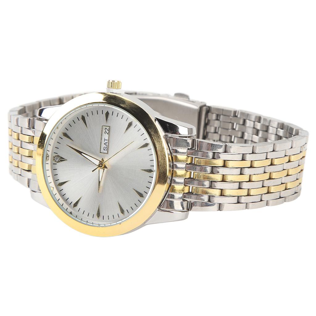Quartz Men Watch Commercial Dual Date Stylish Classic Quartz Stainless Steel Dress Watch Gold and
