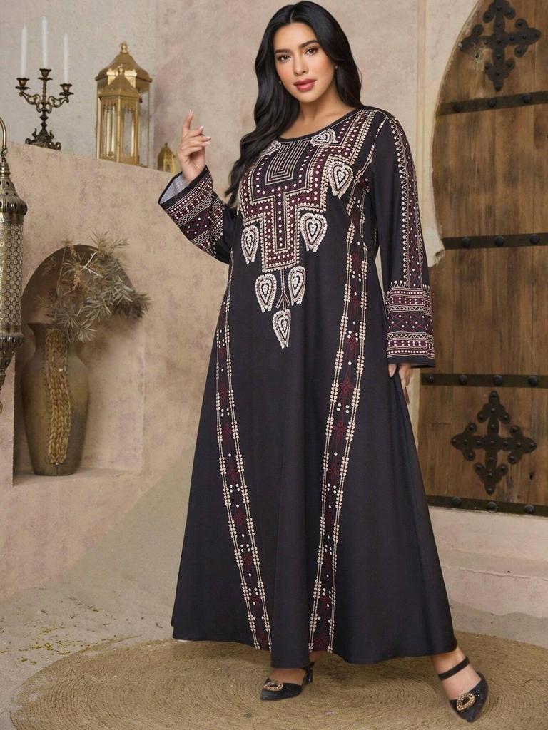 Middle Eastern Ethnic Style Navy Blue Plus Size Long Dress with Long Sleeves