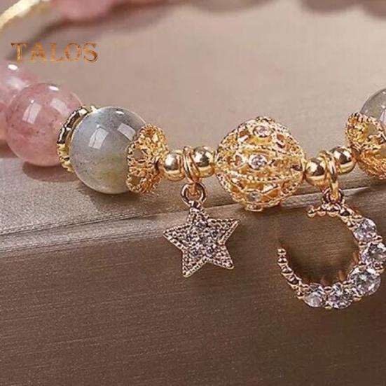 Women Bracelet Smooth Bead Polished Star Moon Pendant Rhinestone Adjustable Shopping Work Party Dating Wrist Chain Lady Jewelry