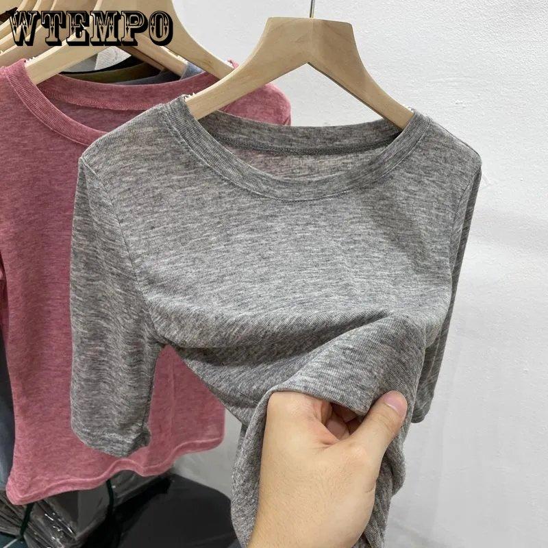 WTEMPO Round Collar Solid Thin Short Sleeve T-Shirts Women's Summer Korean Slim Casual All-match Tops Streetwear