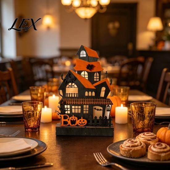 Halloween Wooden Haunted House Decorations Glowing Figurine with LED Light, Tabletop Centerpiece Festive Atmosphere Table Decor for Home Party