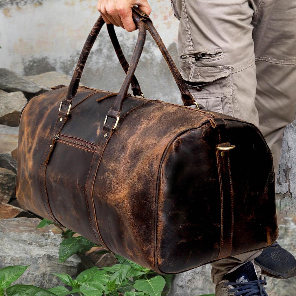 Personalized Full Grain Leather Duffle Bag: Handmade Retro Weekender