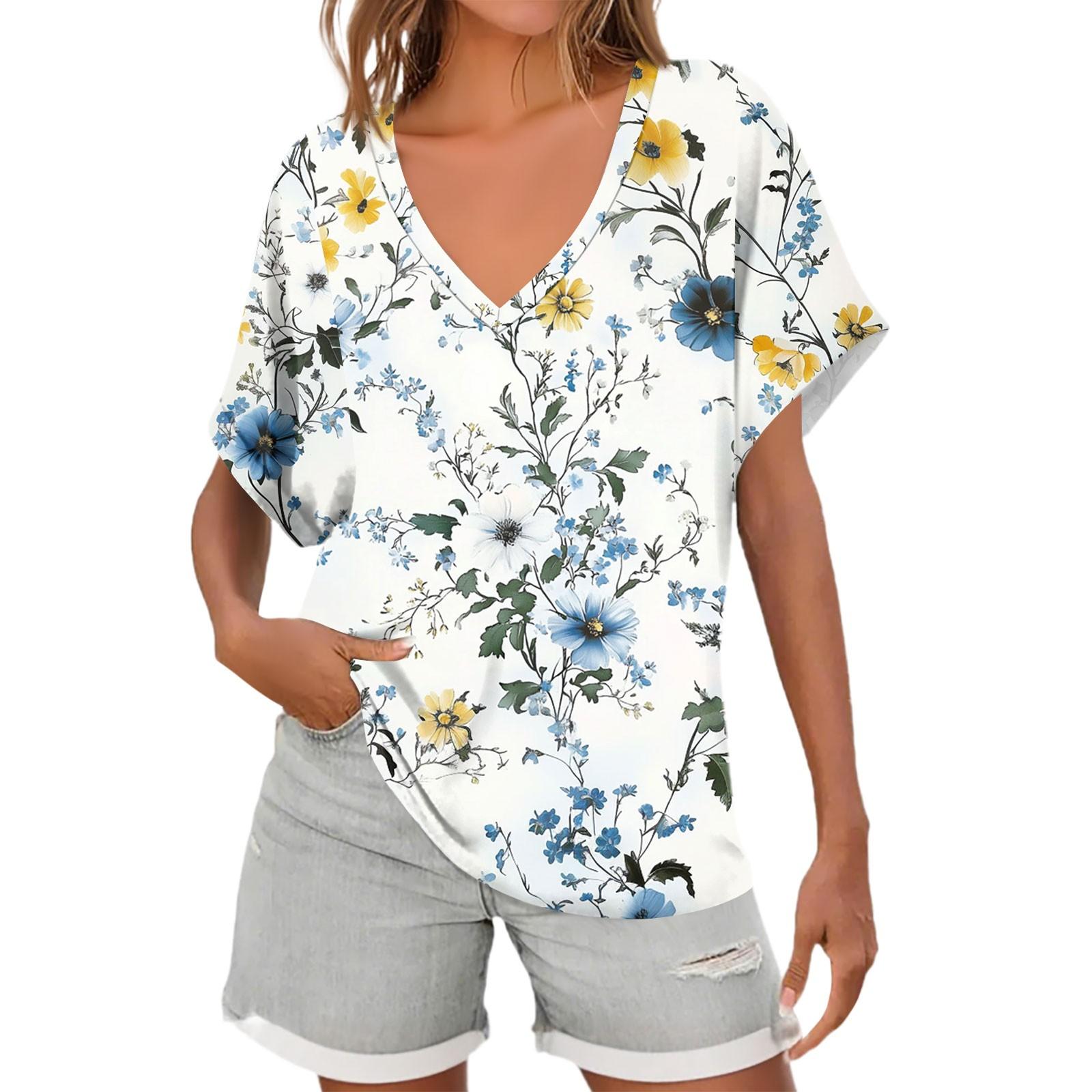 

Женские рубашки с коротким рукавом и V-образным вырезом, с цветочным принтом, свободные повседневные футболки, летние топы L