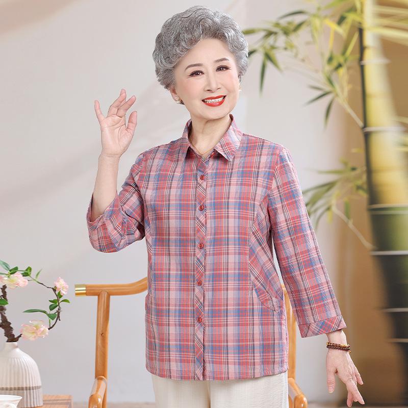 Mid-Length Pure Cotton Shirt for Elderly Women - Three-Quarter Sleeve Top for Spring/Summer