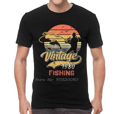 Angeln Geburtstag T-Shirt Herren Baumwolle Bedruckte T-Shirts T-Shirt Kurzarm Vintage Fisch 1980 Fischer Geburtstagsgeschenk T-Shirt Oberteile