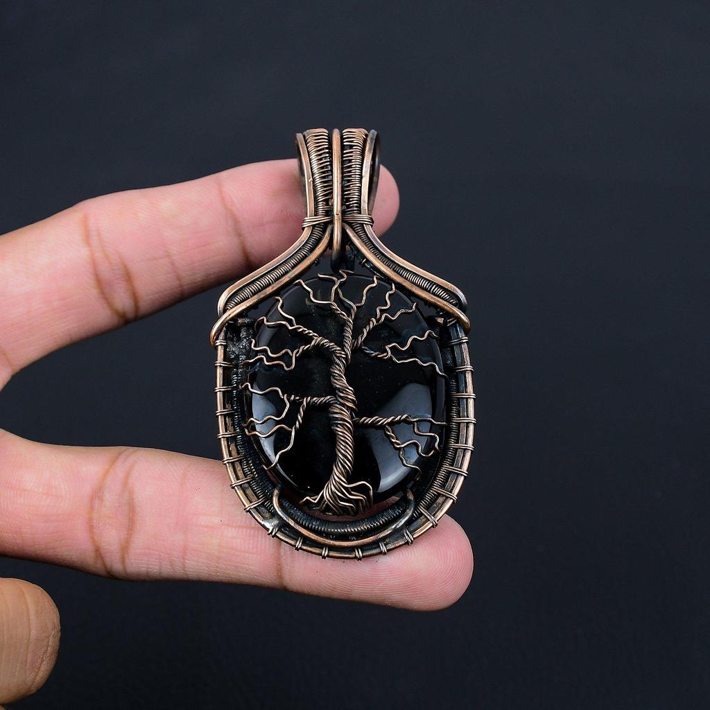 Baum des Lebens, schwarzer Onyx, Edelstein, reiner Kupferdraht, umwickelt, handgefertigter Schmuckanhänger