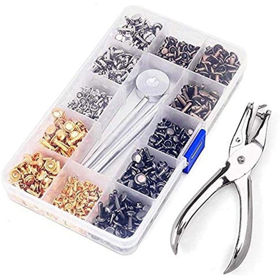 360Pcs 3 Sizes Leather Rivets Double-cap Rivet Tubular Metal Studs With 4 Fixing Set Tools For DIY Leather Craft