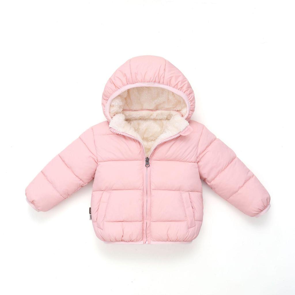 2026 Kids' Hooded Plaid Fleece-Lined Down Jacket for Boys & Girls, Warm Cotton Outerwear for Baby, Autumn & Winter.