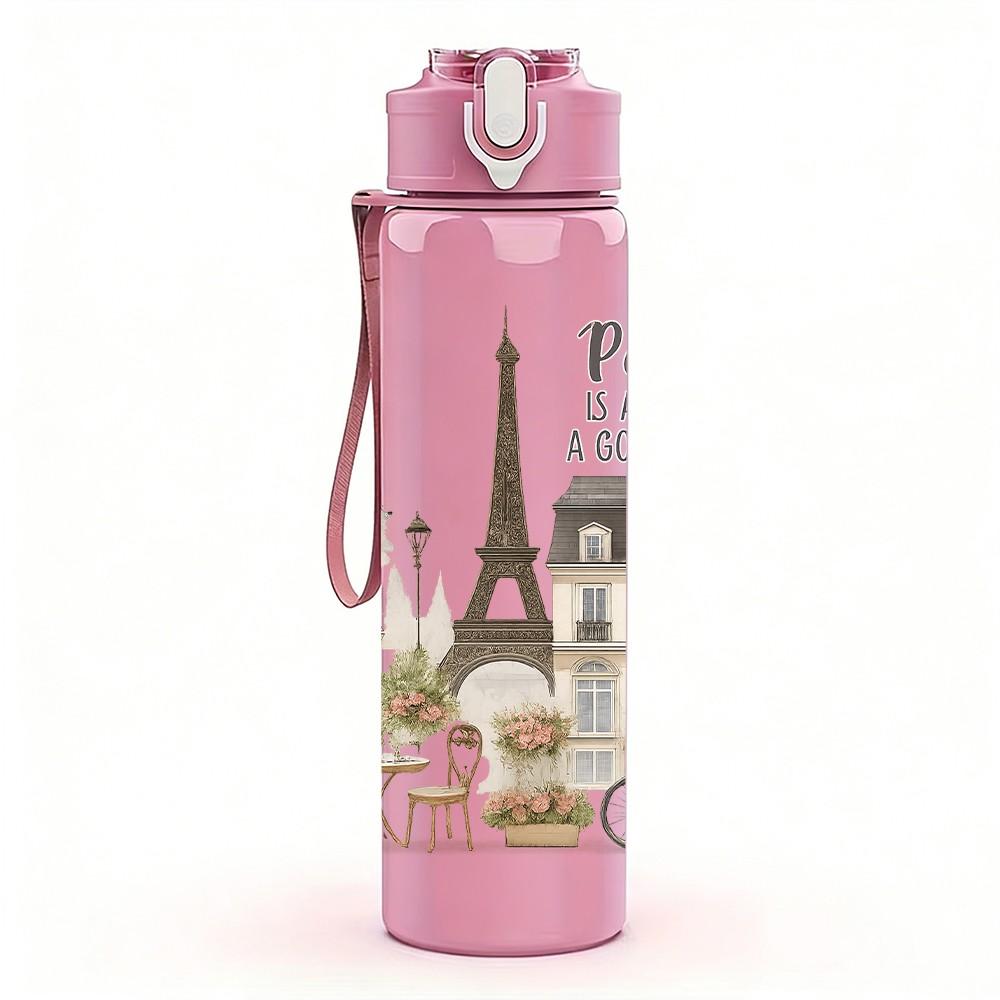1PC Paris Street Building Landscape 750ml Color Plastic Sports Water Bottle Leakproof Flip Straw Lid For Sports Office Home Use