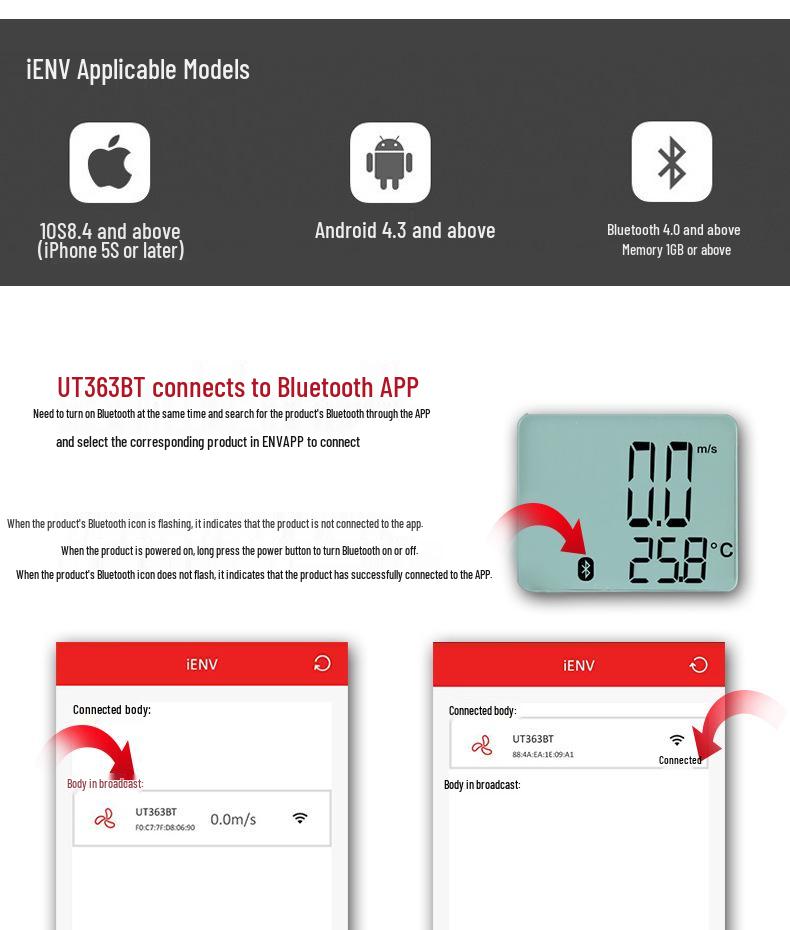Uni-T UT363 Series Bluetooth Digital Anemometer for Air Volume, Velocity, and Temperature Monitoring