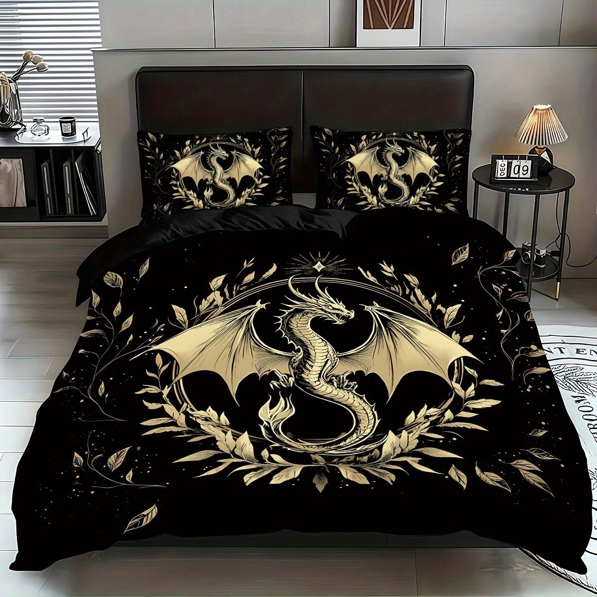 

3pcs Golden Dragon Design Bedding Set (1 Duvet Cover + 2 Pillowcases, No Filling) Featuring a Cool And Creative Black (135x200cm)