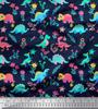 Soimoi Black Japan Crepe Satin Fabric Aster Flower & Dinosaur Kids Print Fabric by Metre 42 Inch