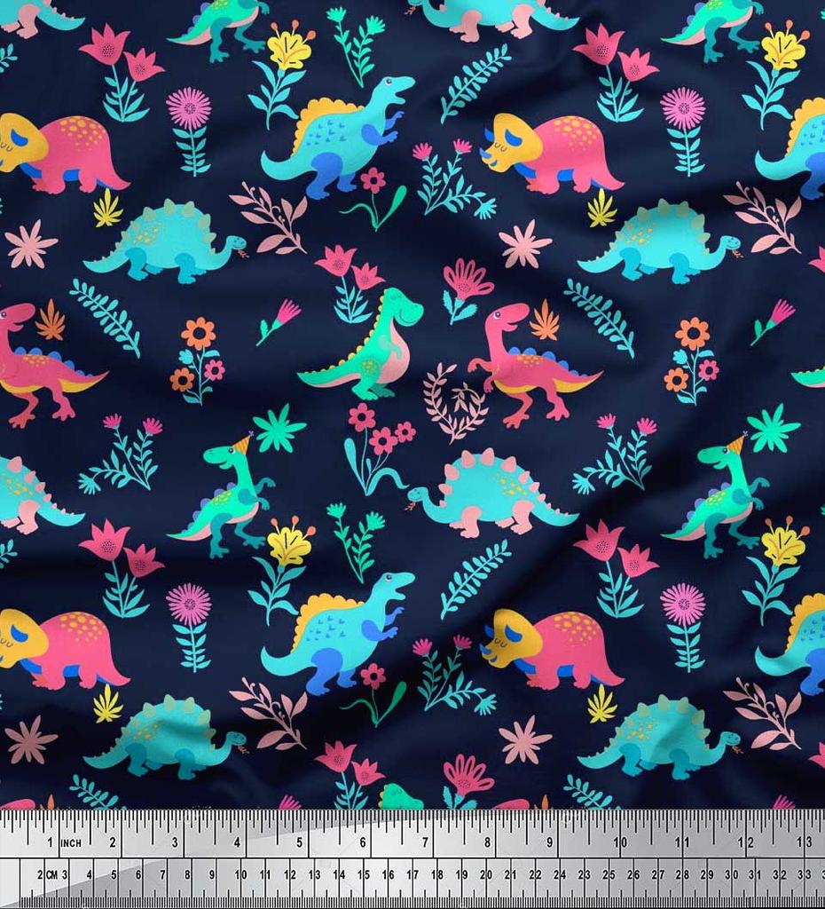 Soimoi Black Japan Crepe Satin Fabric Aster Flower & Dinosaur Kids Print Fabric by Metre 42 Inch