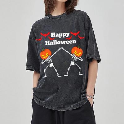 Glad Halloween Gresskar Trykk Dame T-skjorte Oversized Vasket Par Kort Erme Harajuku Unisex Topp Høy Kvalitet T-skjorter