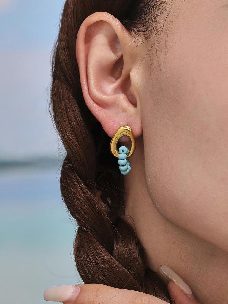 Qiong Yao Turquoise Beaded Pendant Earrings, 18K Gold-Plated Stainless Steel, Fade-Resistant Exquisite Design