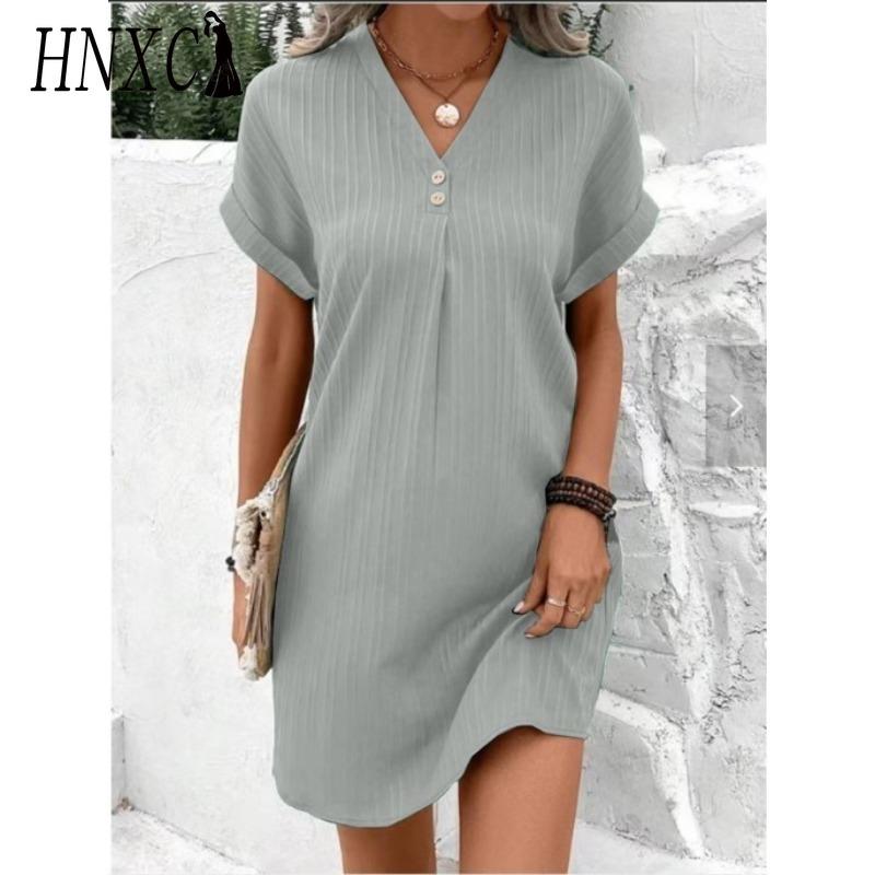 HNXC Abiti casual a vita alta con scollo a V a maniche corte con stampa tinta unita primavera estate moda donna
