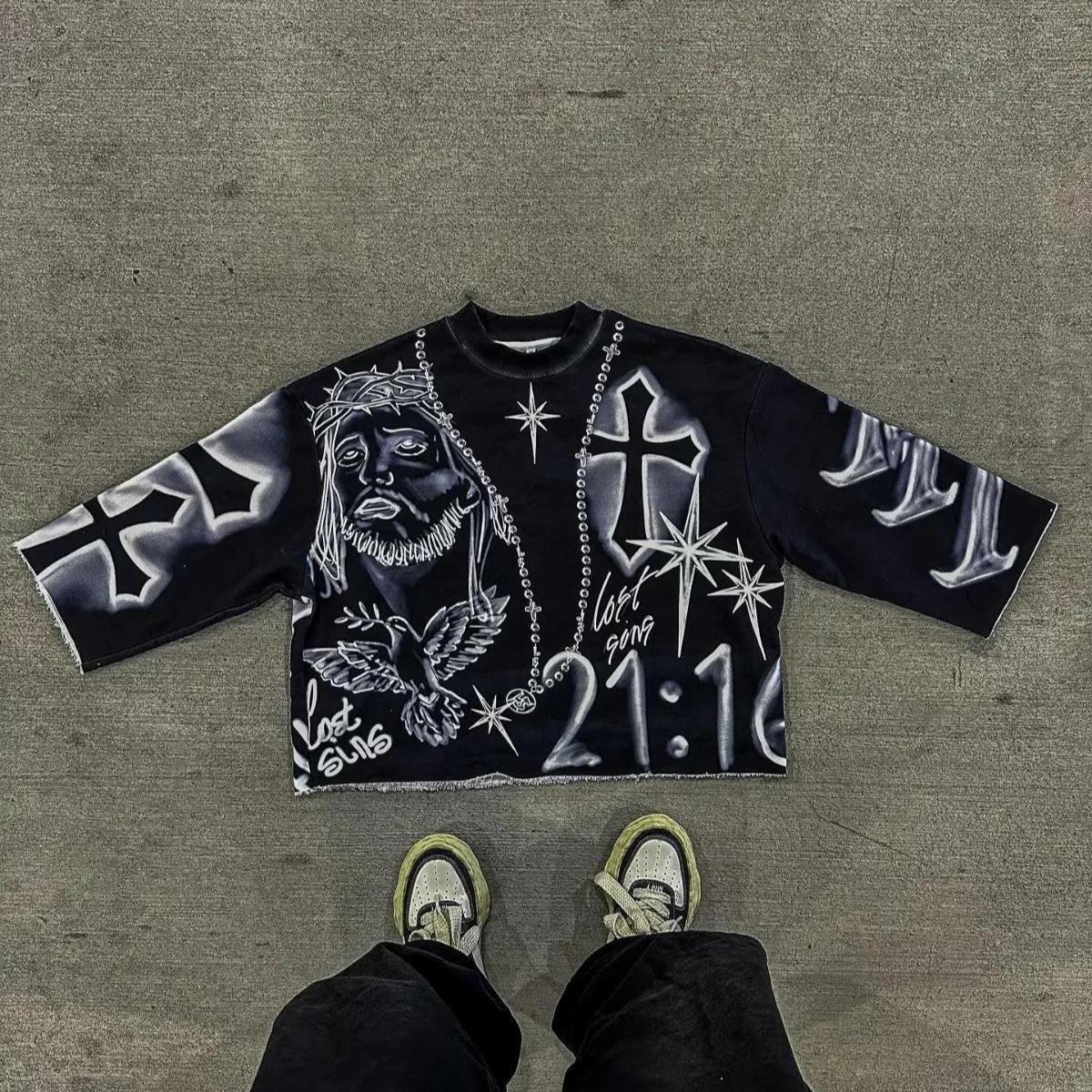 

Футболки Y2k Retro Tie Dye Cross готичний хіп-хоп із повним принтом укорочений топ для чоловіків великих розмірів вільні футболки з рукавом три чверті S