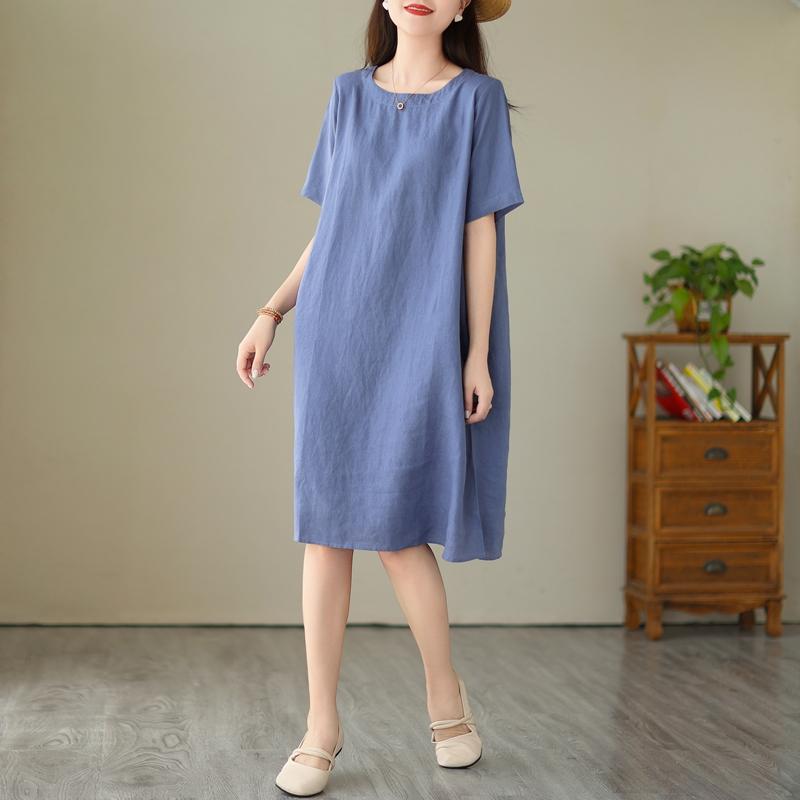 Dimanaf 2025 Women Solid Linen Summer Print Dress Casual Ladies Basic Long Dress 9295