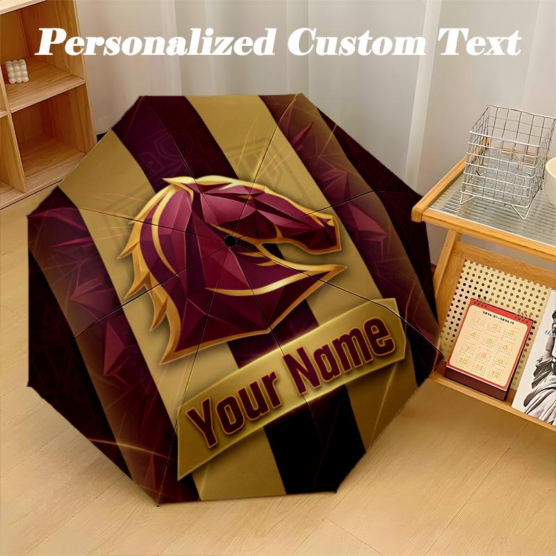 Brisbane Broncos Automatic 8‑ribs Umbrella, Custom Name Text Personalized Folding Umbrella Rain Sun Gift