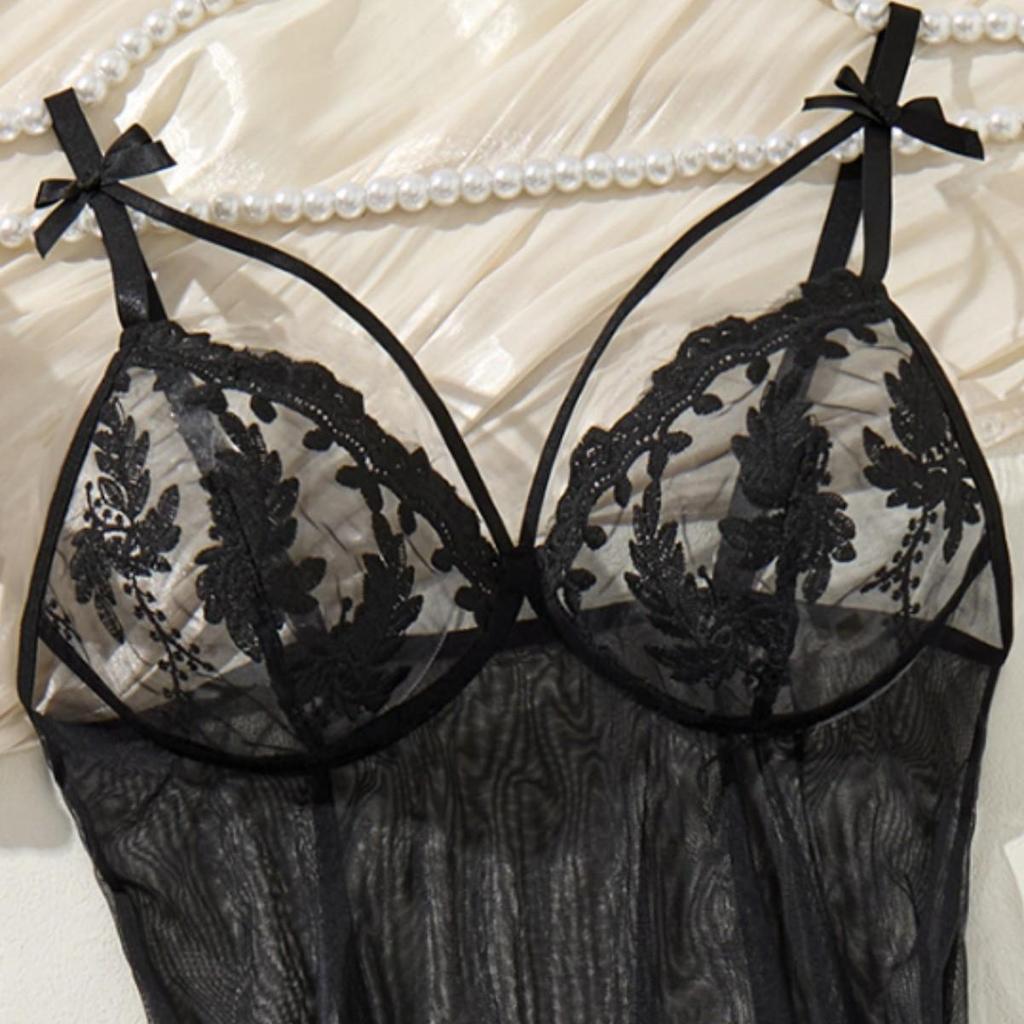 Multi-Color Bow Wheat Ear Embroidered Deep V See-Through Lingerie Set with T-Back