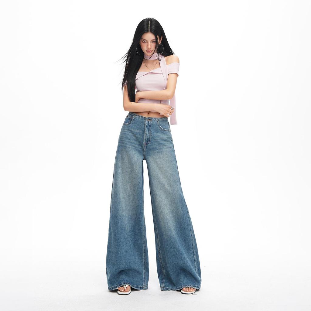 2026 Spring Women's Retro Wide-Leg Jeans: Waistless, Versatile, Loose, Slimming, Floor-Length Pants