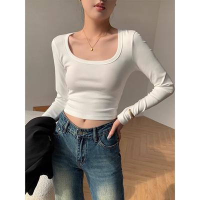 [Original Quality] Simple Casual Large Neckline U-neck Solid Color Long-sleeved Bottoming Shirt for Women's Autumn Slim and Versatile T Women