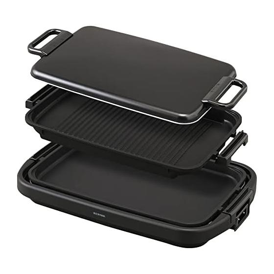 Iris Ohyama Hot Plate Large Wide 2 Plates (Flat Plate/Yakiniku Plate) Large Size with Lid SWHP-012-B Black