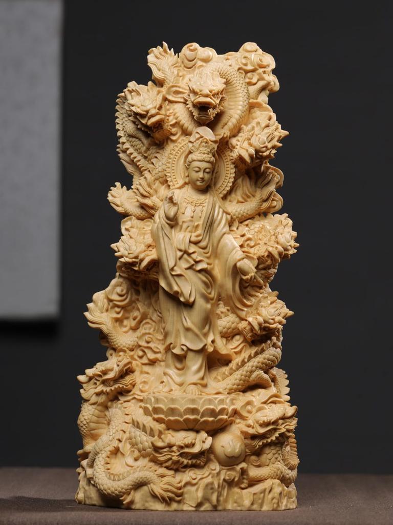 Dragon God Buddha Statue [Nine Dragon Kannon Bodhisattva] Kannon Ornament for Good Fortune and Prosperity, for Buddhist Altar, Hinoki Wood Carving (He