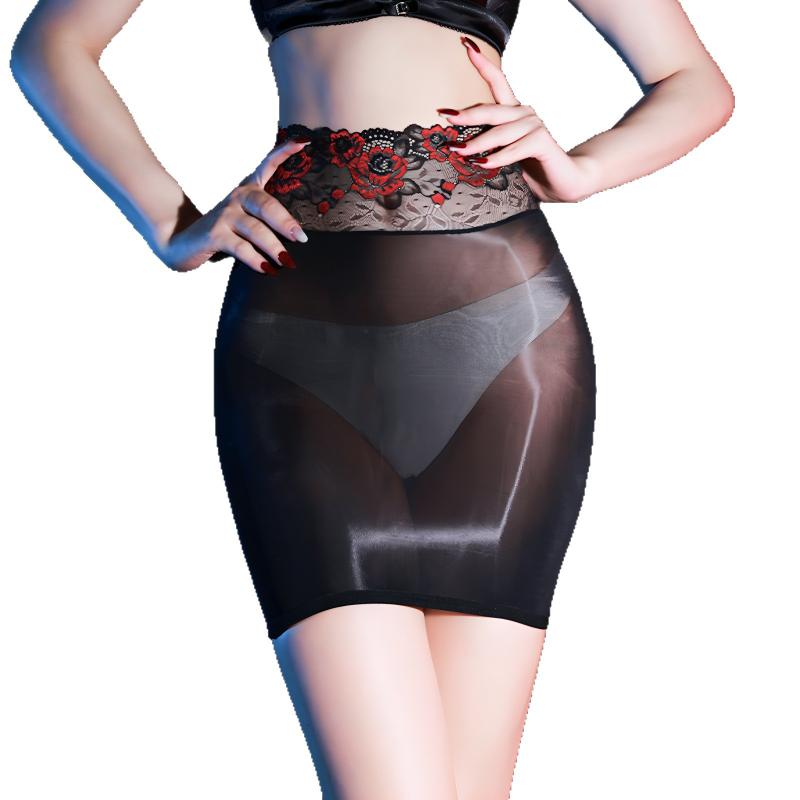 Women Sexy Skirts Oil Shiny Glossy Hip-Wrapped Short Skirt Floral Lace Waist Night Club Wear High Waisted Transparent Skirt