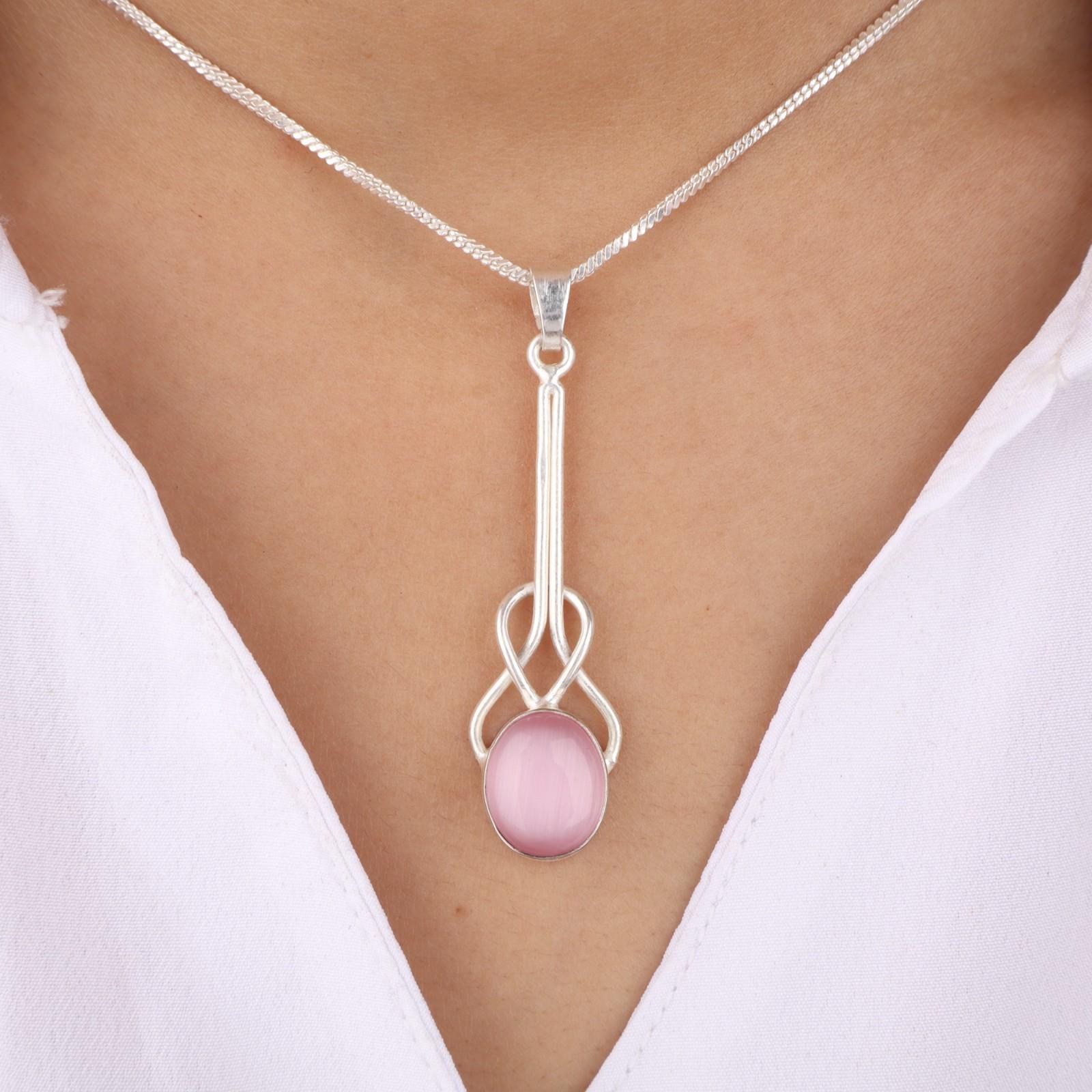 

Pink Cat s Eye Gemstone 925 Sterling Silver Jewelry Pendant 1.79 Gift For Mom PP-60-49