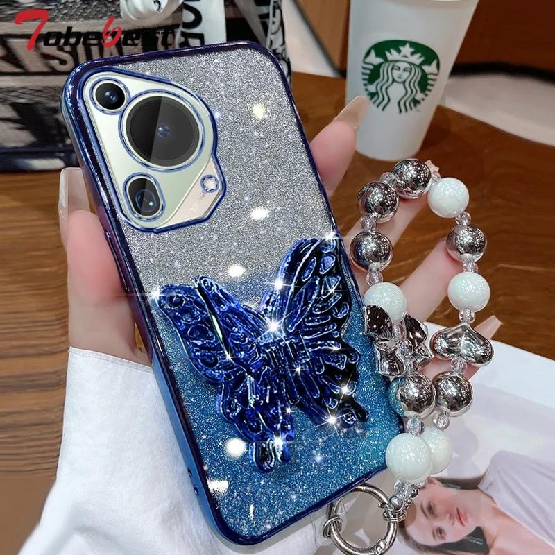 3D Butterfly Phone Holder Bead Bracelet Glitter Plating Case for Huawei Pura 70 Ultra P60 P50 P40 P30 P20 Lite Pro Back Cover