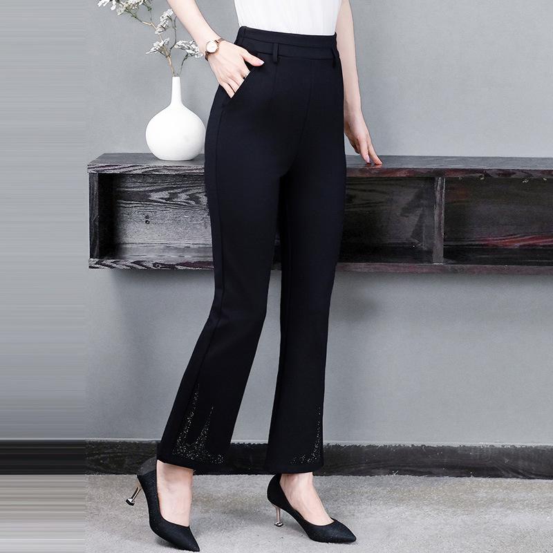 

Новый осенне-зимний эластичный костюм большого размера с завышенной талией и эффектом похудения с деталью из горячих страз, длинные брюки для женщин 6XL (220-240 jin)