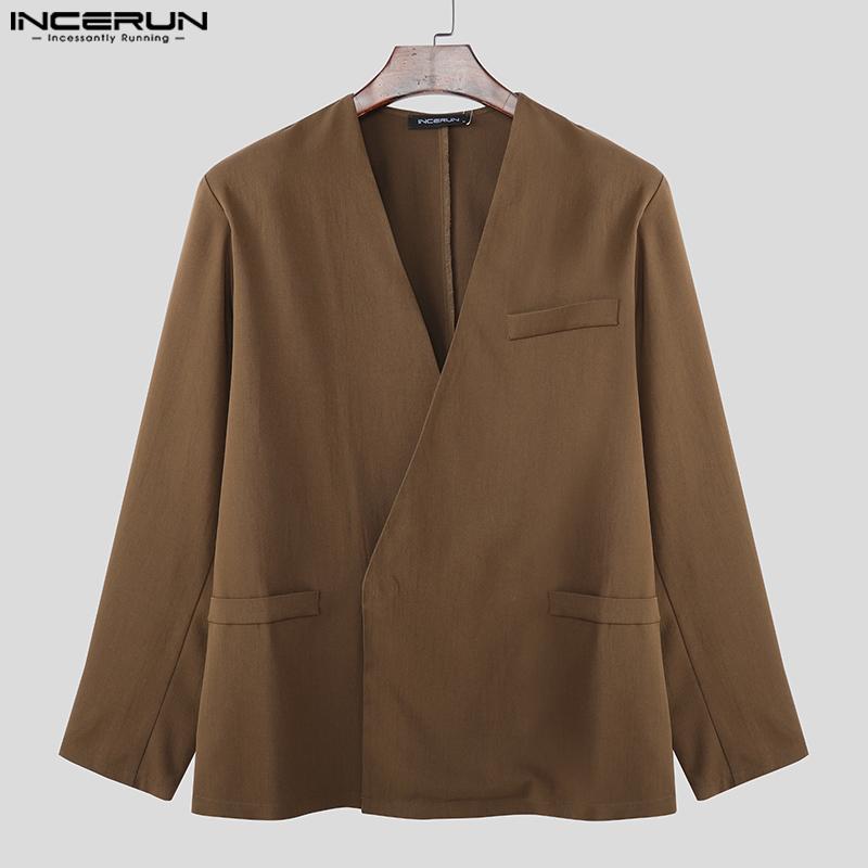 INCERUN Men Collarless Long Sleeve One Button Loose Thin Blazer Coats