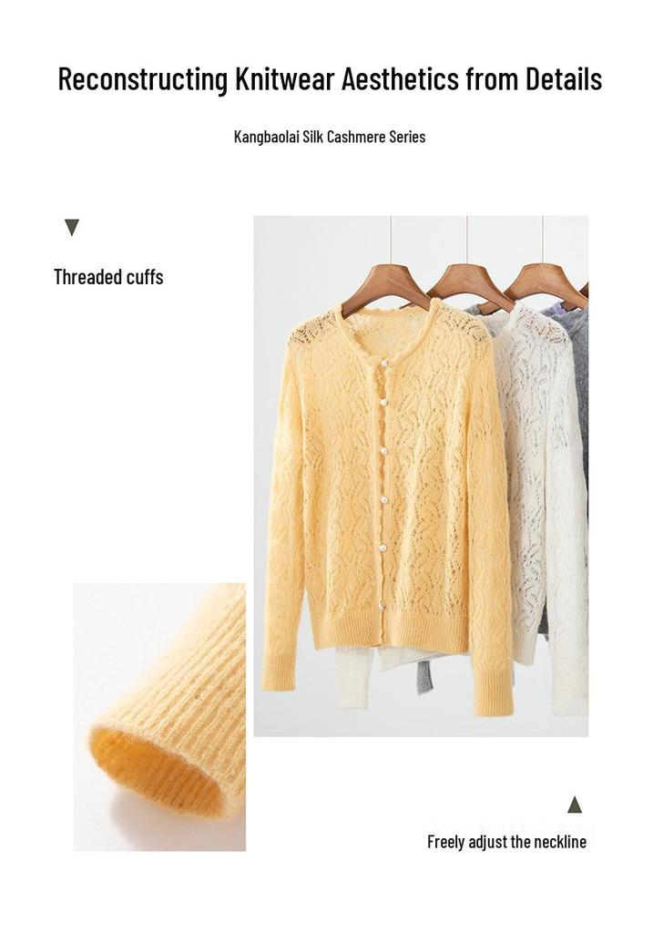 2026 Autumn Women's Cashmere Silk Round Neck Cardigan - Thin Crochet Outerwear