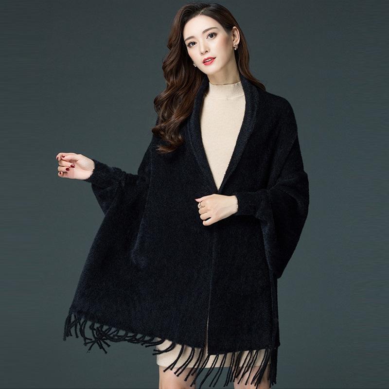 

Рукав летучая мышь накидка шаль чонсам имитация норки флисовая куртка накидка большой размер средний и длинный вязаный кардиган 031 One Size чёрный