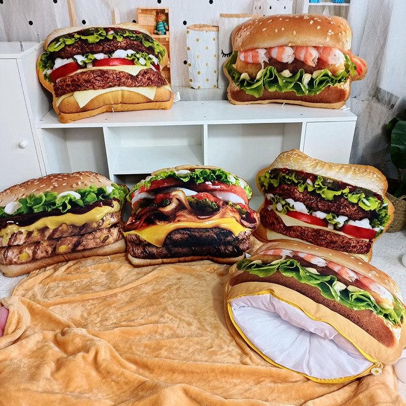 Simulated Plushie Hamburger Headrest Plaything Realistic Cushioned Quick Edible Hamburger Hurl Headrest Alongside Blanket 2 In 1 Headrest