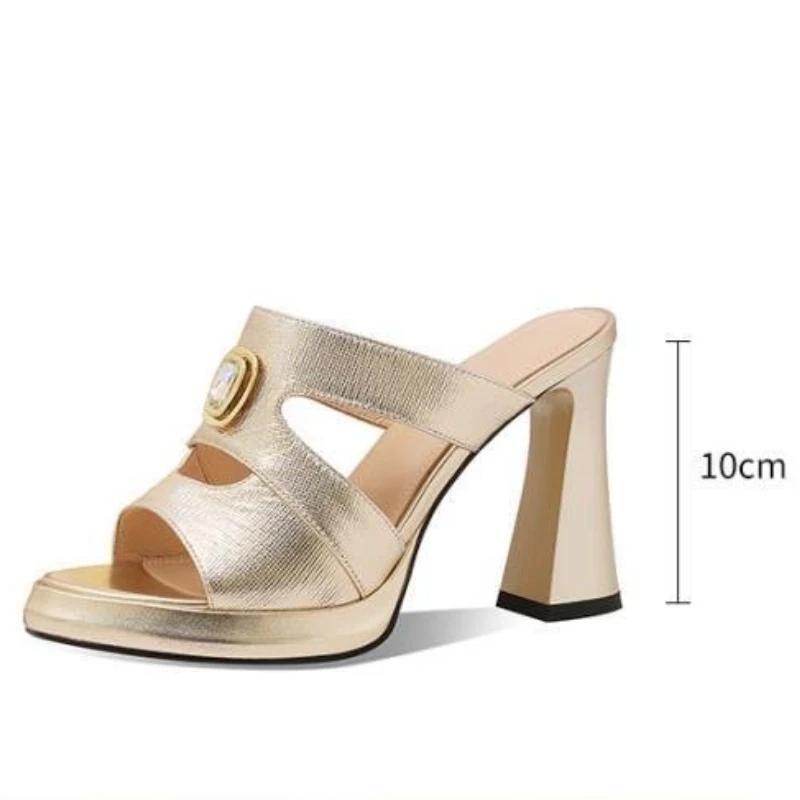 Mote 10cm Høy Hæl Elegant Plattform Slide Tøfler 2025 Sommer Mote Høy Kvalitet Ekte Skinn Damesko Damesko