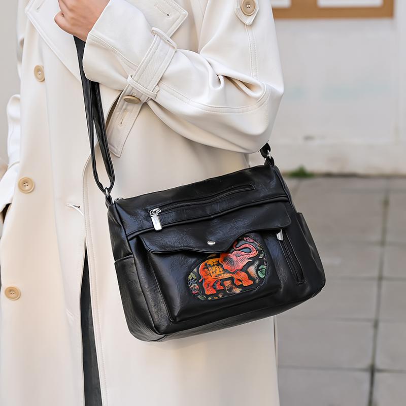 Women's Bag Embossed Elephant Shoulder Bag Large Capacity Crossbody Bag Middle-aged Mother Bag