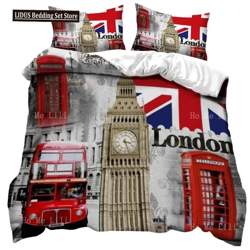 UK London Style King Queen Duvet Cover British Elements Bedding Set for Teens Adults London Bridge Big Ben Polyester Quilt Cover