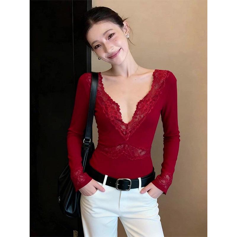 Women s Lace V-Neck Flare Sleeve Top, 40 Count, 260g, Cut-to-Fit, Autumn/Winter Collection M